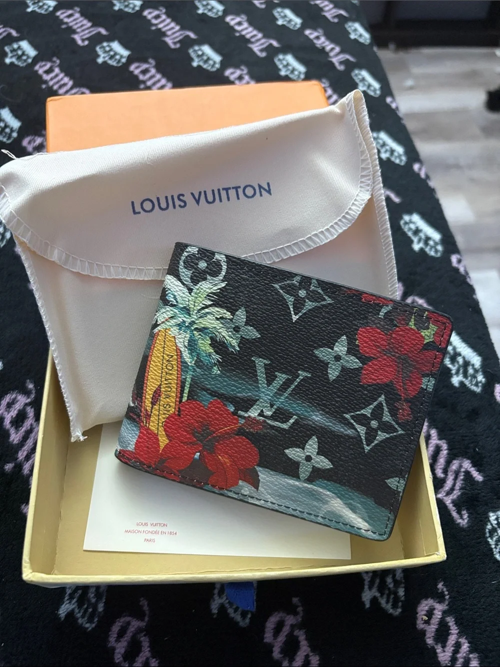 LV Black Monogram Floral Bi-Fold Wallet with Red Flowers
